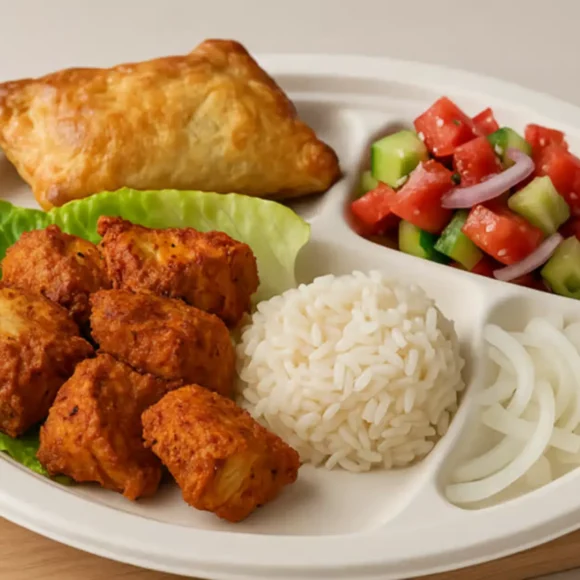 Tandoori chicken platter served with crispy burrekas, pickled vegetables, and dipping sauces at Pita Plus Grill in St. Louis