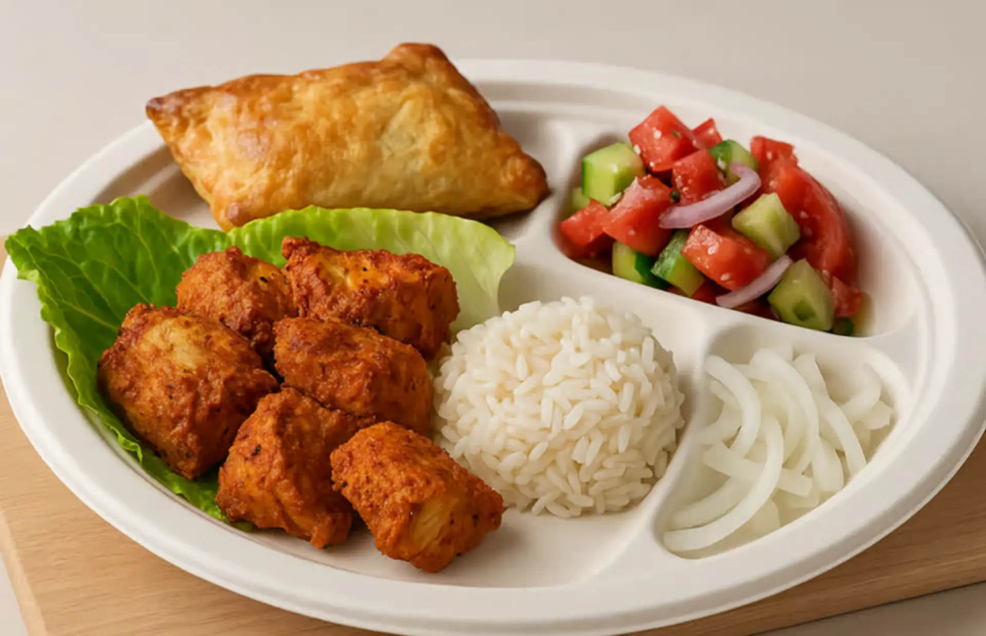Tandoori chicken platter served with crispy burrekas, pickled vegetables, and dipping sauces at Pita Plus Grill in St. Louis
