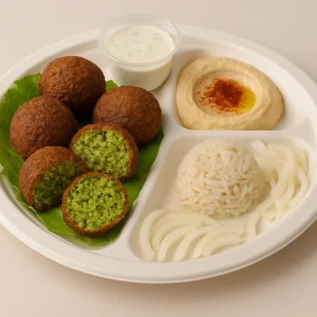 Falafel platter with hummus, fresh salad, olives, pickles, and warm pita bread at Pita Plus Grill St. Louis